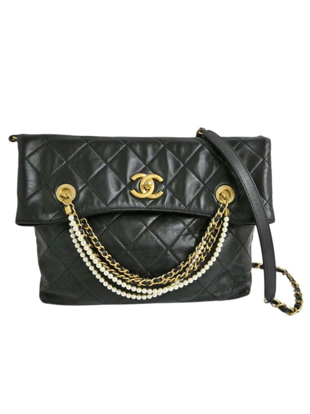 Chanel Chain Shoulder Bag 2-Way Black Gold Pearl Lambskin